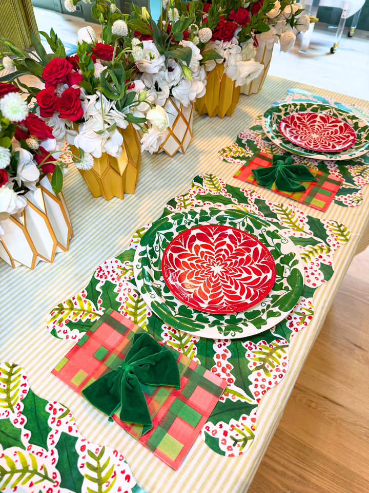 Jolly Holly Scalloped Rectangle Paper Placemats | Set of 24