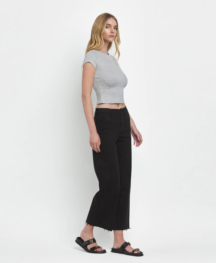 VERVET by FLYING MONKEY - HIGH RISE BLACK CROP WIDE LEG JEANS T5894BK