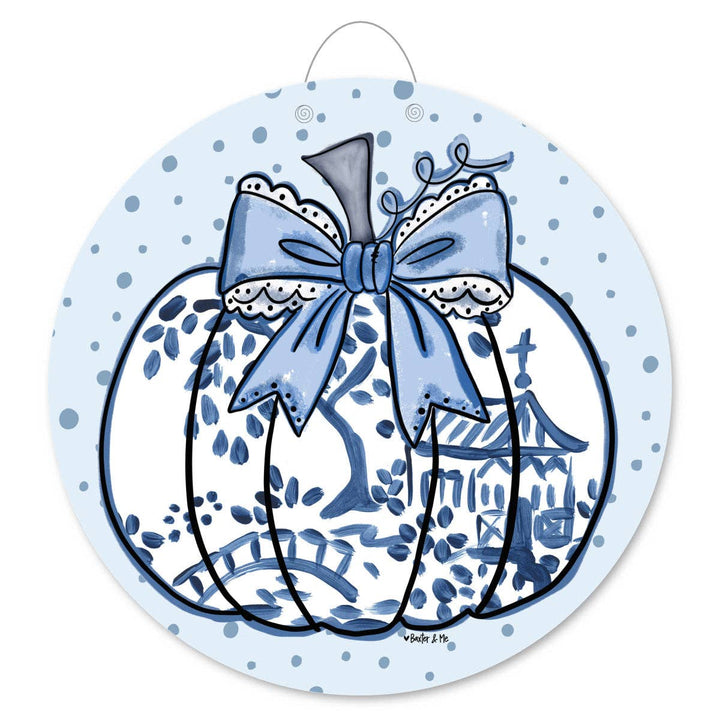 Baxter &amp; Me - Blue Willow Lace Bow Pumpkin Door Hanger