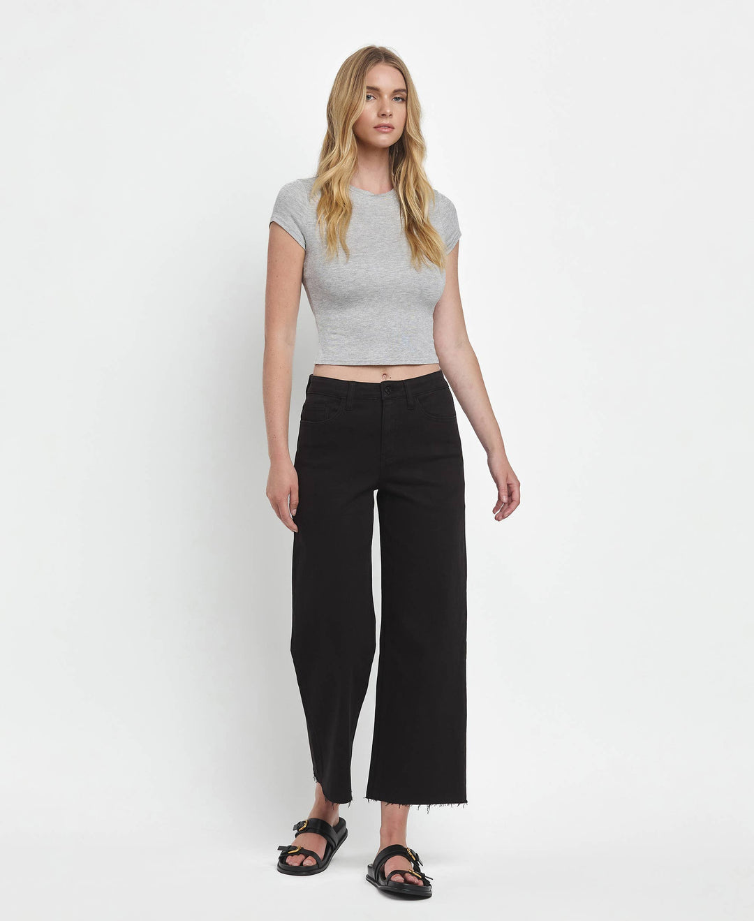 VERVET by FLYING MONKEY - HIGH RISE BLACK CROP WIDE LEG JEANS T5894BK