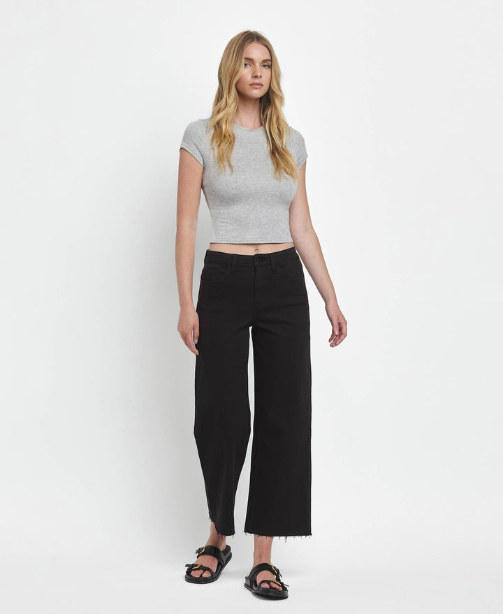 VERVET by FLYING MONKEY - HIGH RISE BLACK CROP WIDE LEG JEANS T5894BK