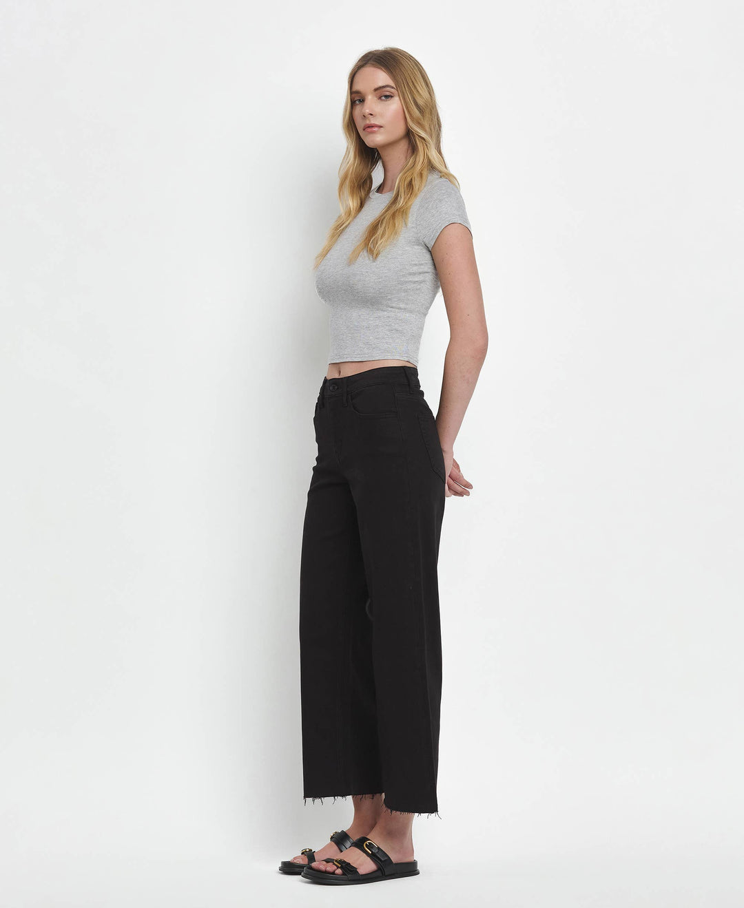 VERVET by FLYING MONKEY - HIGH RISE BLACK CROP WIDE LEG JEANS T5894BK
