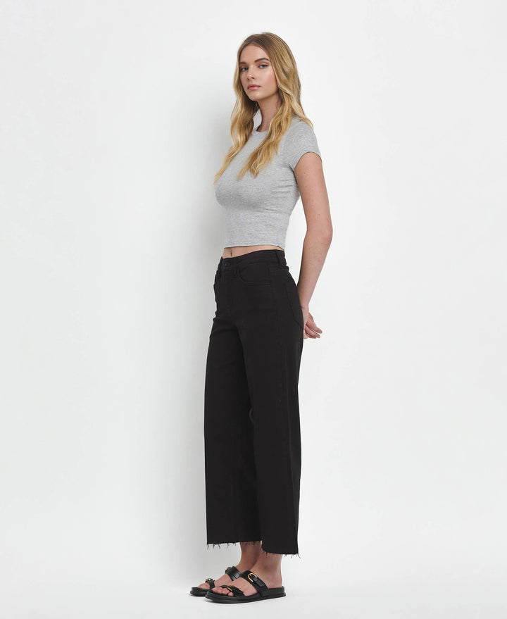 VERVET by FLYING MONKEY - HIGH RISE BLACK CROP WIDE LEG JEANS T5894BK