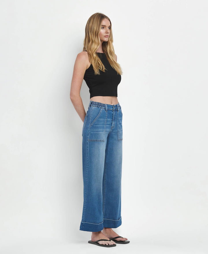 VERVET by FLYING MONKEY - HIGH RISE DOUBLE CUFFED BAGGY WIDE JEANS V3589