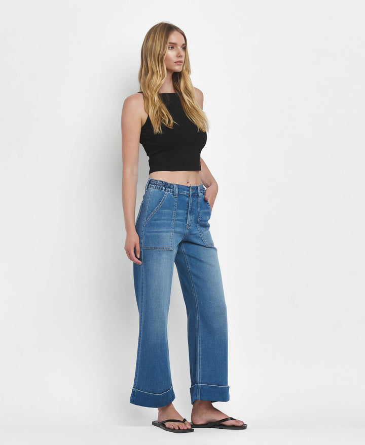 VERVET by FLYING MONKEY - HIGH RISE DOUBLE CUFFED BAGGY WIDE JEANS V3589