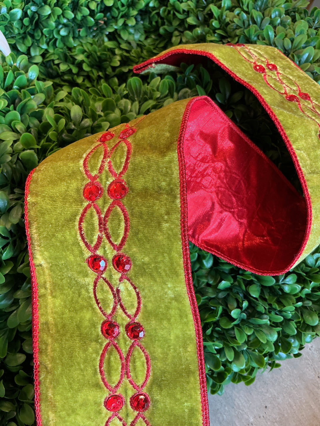 Apple Velvet Red Metallic Dupioni Jeweled Embroidered Loops Ribbon | 4 in x 5 yd