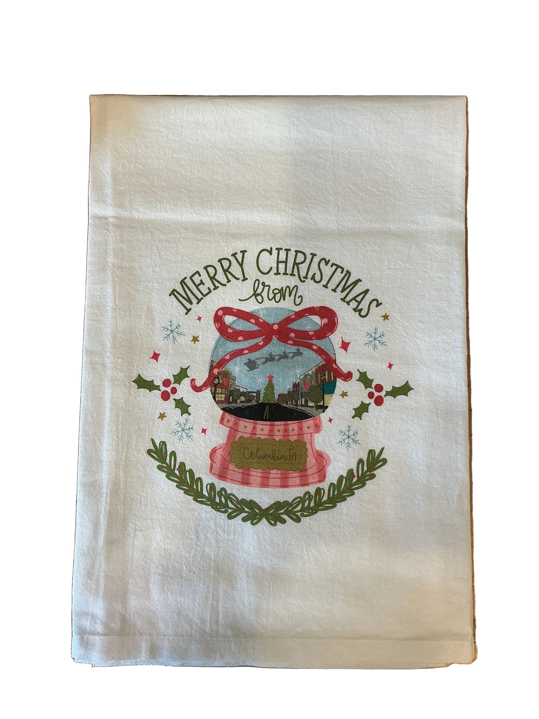 Pink Snowglobe Merry Christmas From Columbia, TN Tea Towel