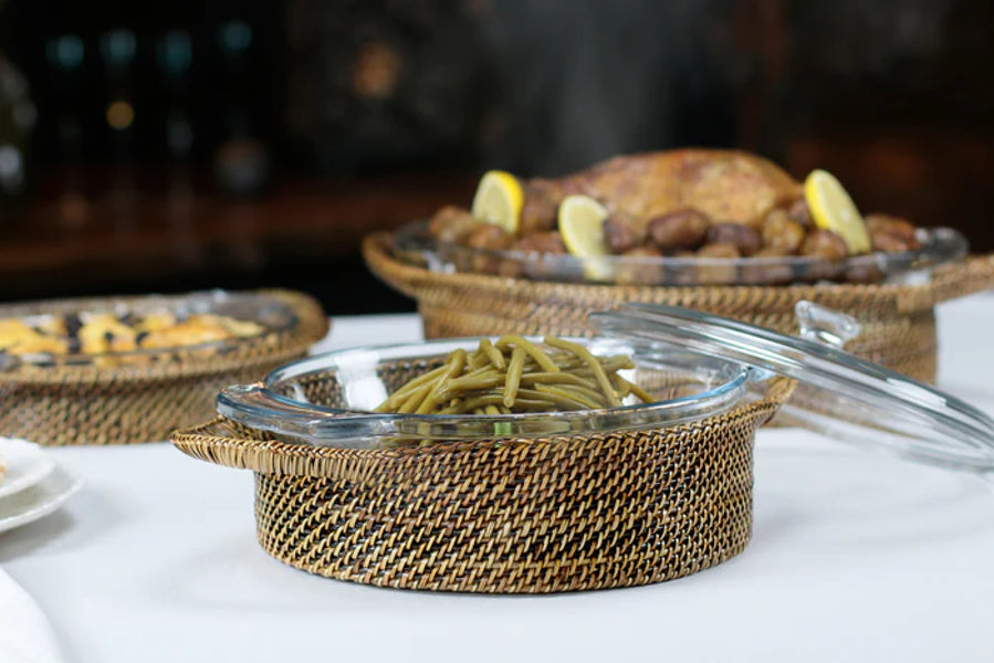 Rattan Round Covered Baker with Anchor Glass