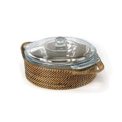 Rattan Round Covered Baker with Anchor Glass