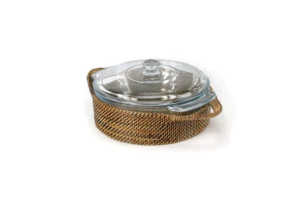 Rattan Round Covered Baker with Anchor Glass