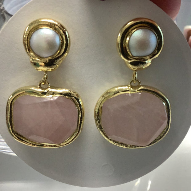 Pink Rose Quartz Earrings with Pearl Stud