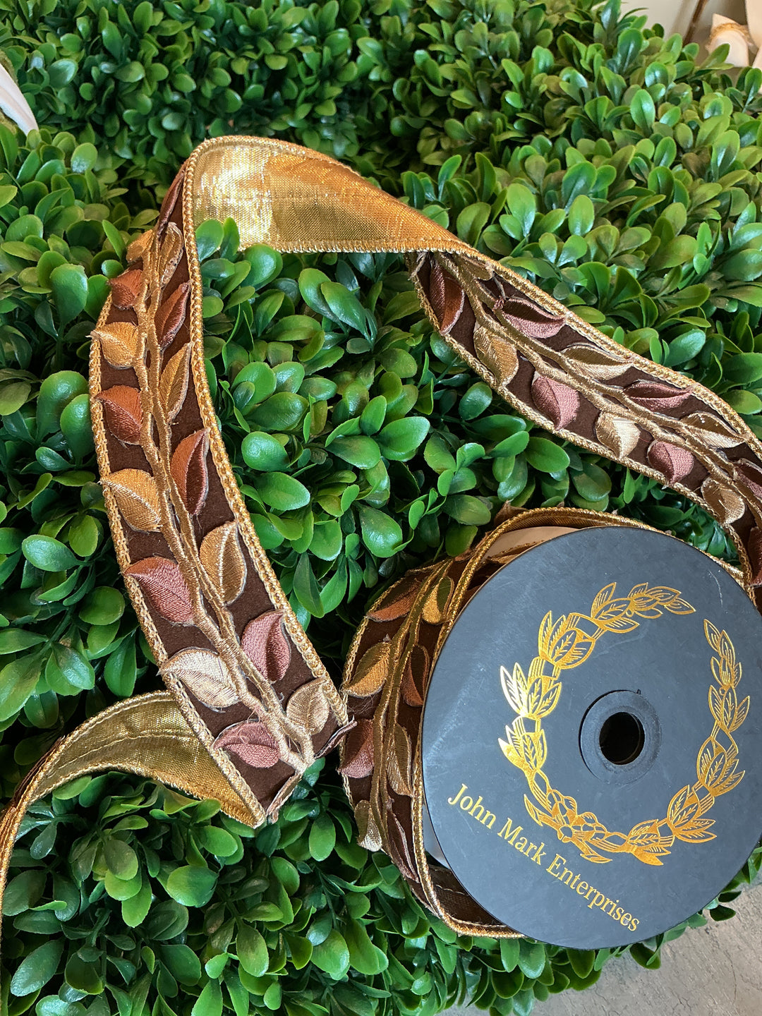 Laser Leaf Trim Suede Metallic Dupioni Ribbon - Gold &amp; Brown | 1.5 in x 5 yd
