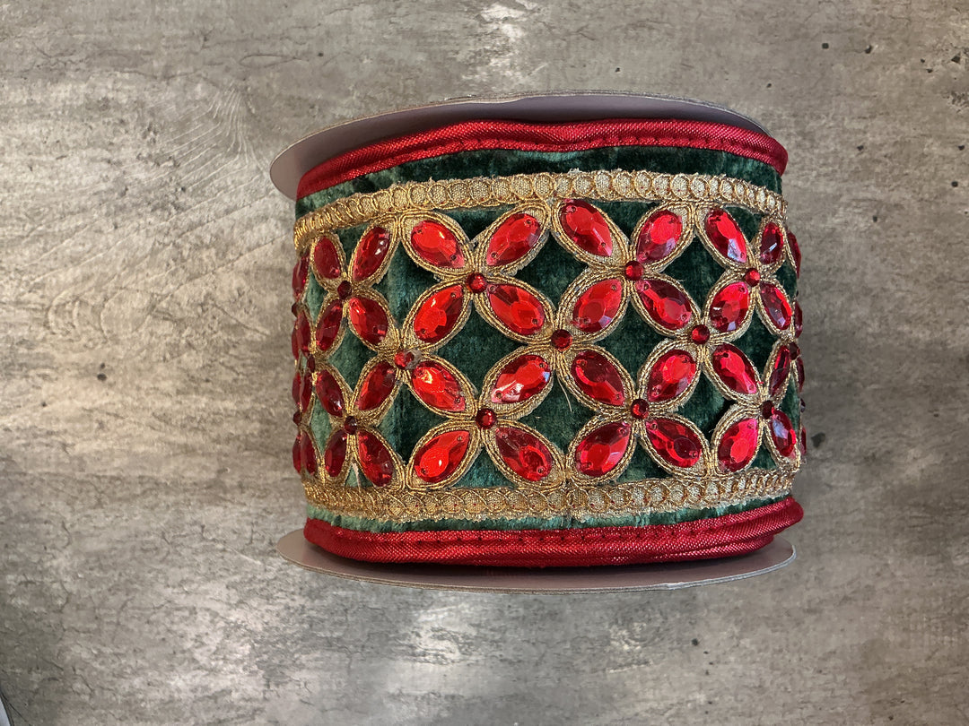 JME Green Velvet Red Floret Center Metallic Dupion Trim Red
