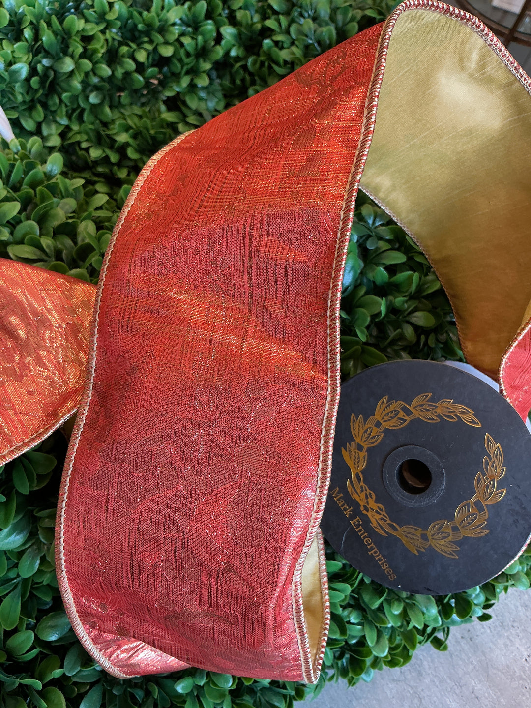 Printed Metallic Floral Jacquard Dupioni Ribbon - Gold &amp; Yellow | 4 in x 5 yd