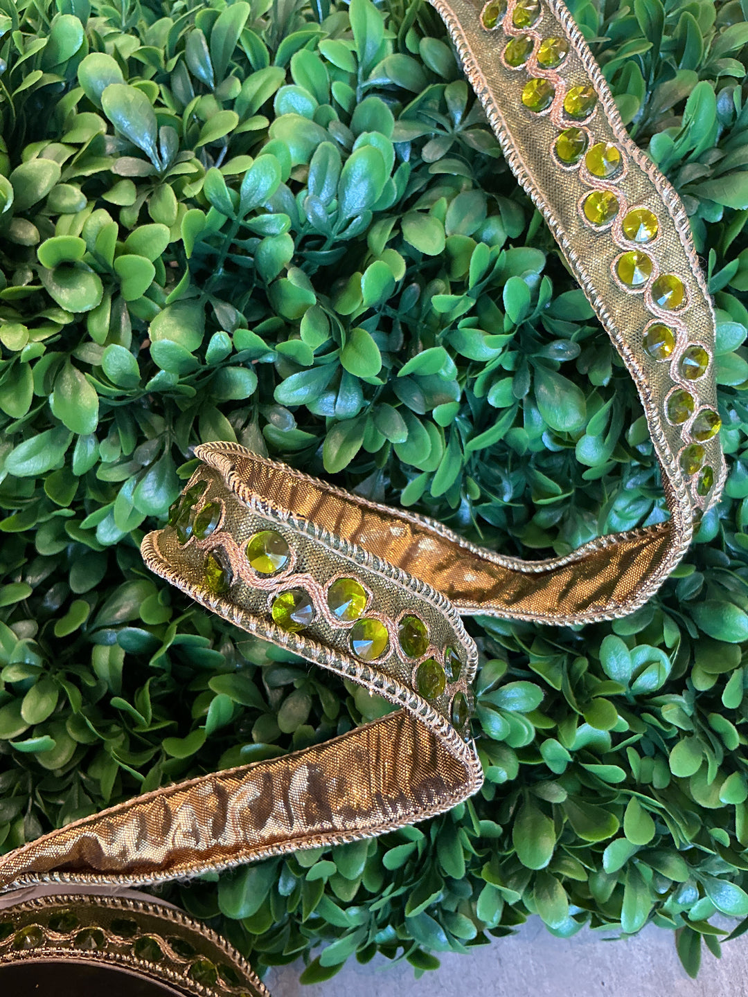 Jeweled Trim Metallic Dupioni Ribbon - Olive | 1 in x 5 yd