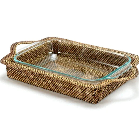 Rattan Rectangular Baker with 3 Quart Anchor Glass