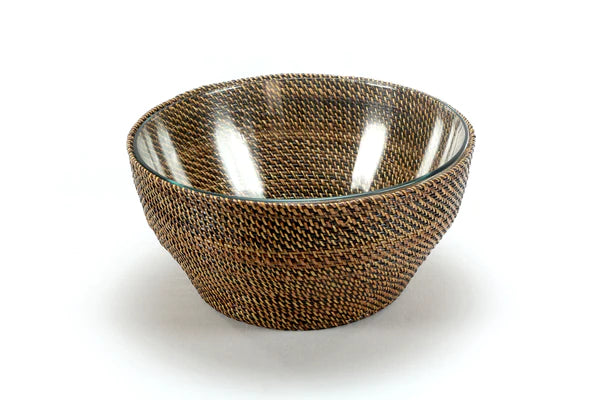 Rattan Round Serving Bowl with Anchor Glass