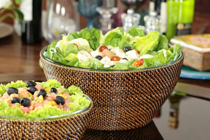 Rattan Round Serving Bowl with Anchor Glass