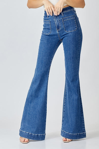 High Rise Patched Pocket Flare Jeans