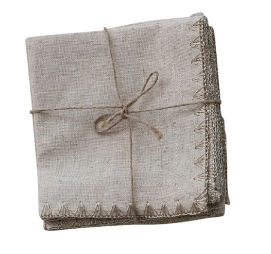 Cotton &amp; Linen Cocktail Napkins with Metallic Silver &amp; Gold Thread, Set of 4