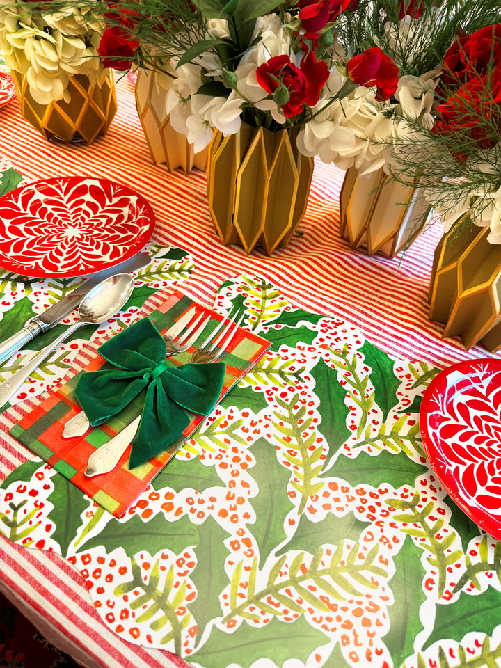 Jolly Holly Scalloped Rectangle Paper Placemats | Set of 24