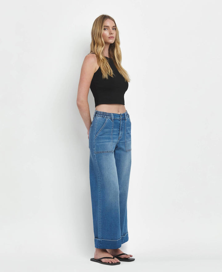 VERVET by FLYING MONKEY - HIGH RISE DOUBLE CUFFED BAGGY WIDE JEANS V3589