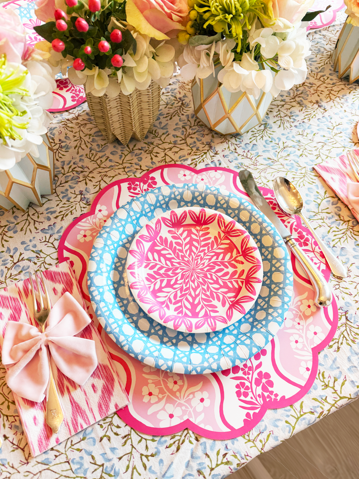 Pink Floral Scalloped Round Paper Placemats | Set of 24