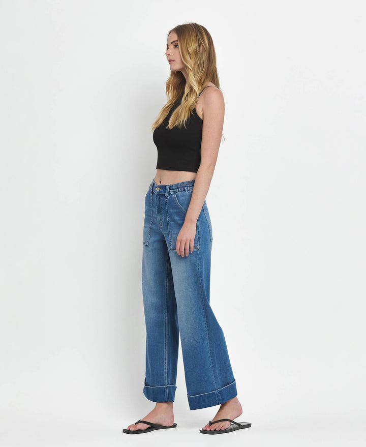 VERVET by FLYING MONKEY - HIGH RISE DOUBLE CUFFED BAGGY WIDE JEANS V3589