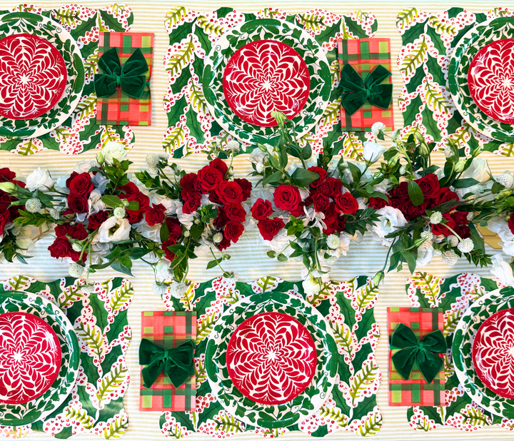 Jolly Holly Scalloped Rectangle Paper Placemats | Set of 24