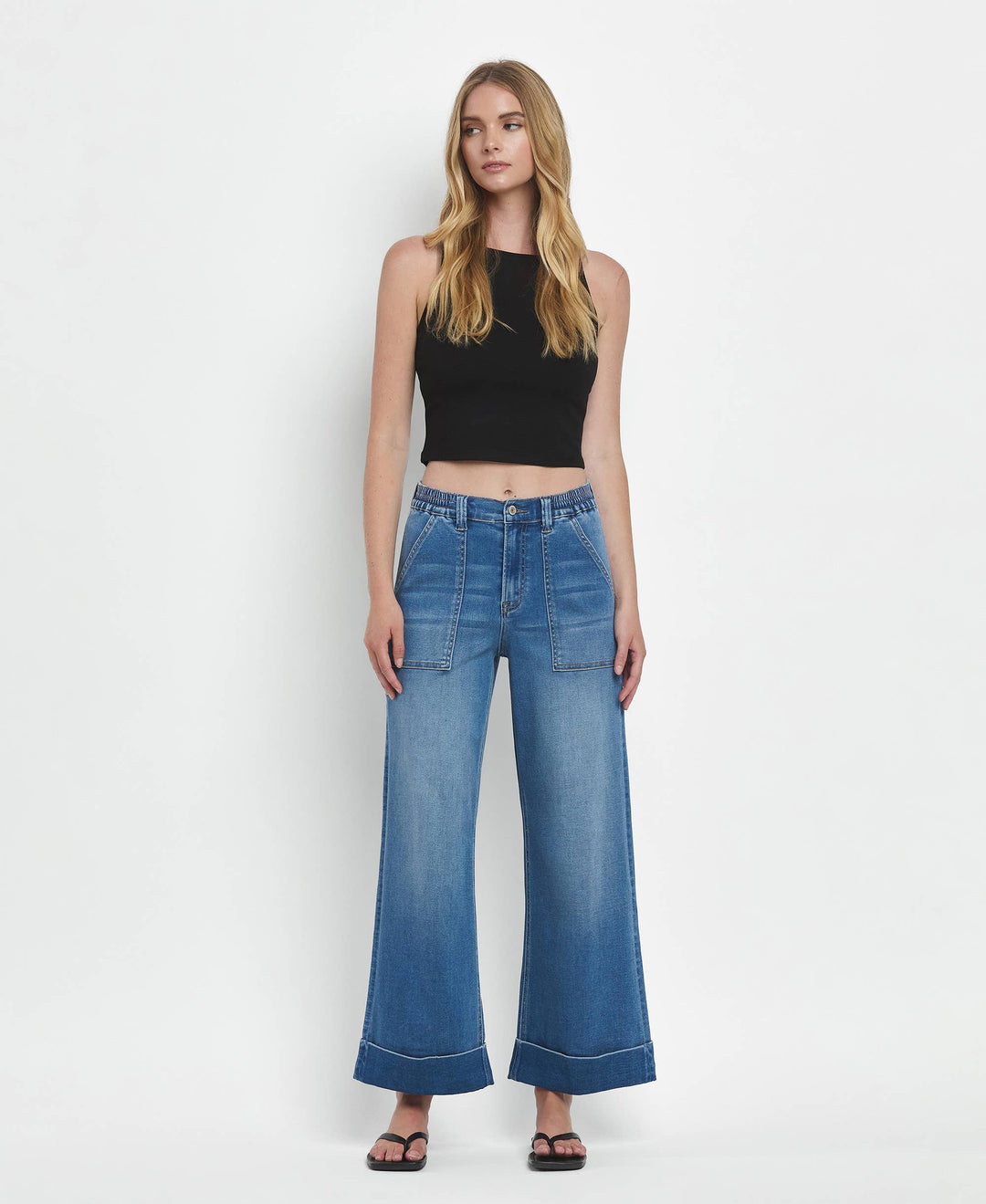 VERVET by FLYING MONKEY - HIGH RISE DOUBLE CUFFED BAGGY WIDE JEANS V3589