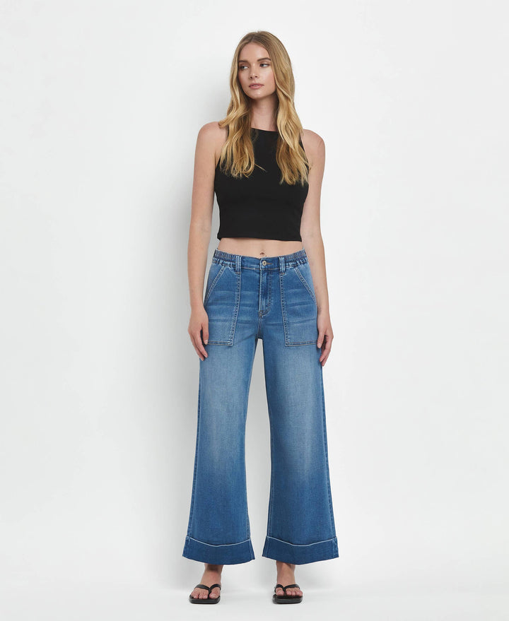 VERVET by FLYING MONKEY - HIGH RISE DOUBLE CUFFED BAGGY WIDE JEANS V3589