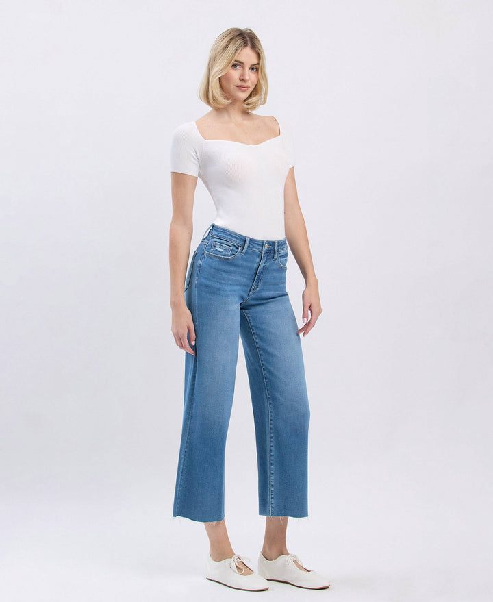 VERVET by FLYING MONKEY - HIGH RISE CLEAN CUT RAW HEM CROP SLIM WIDE JEANS V3632