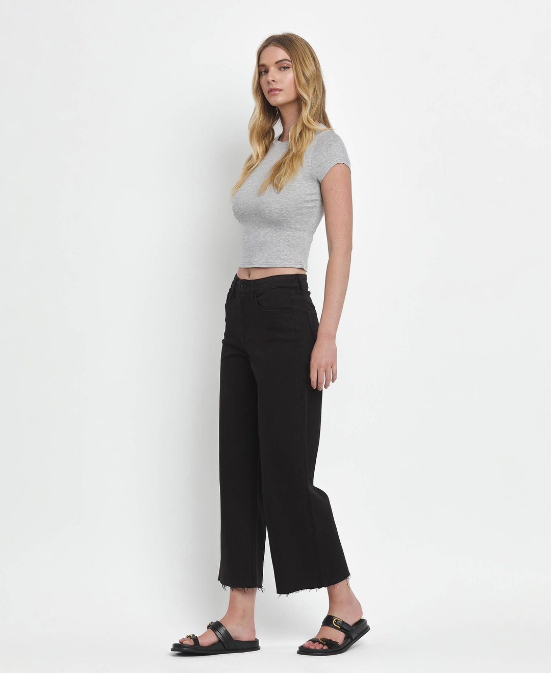VERVET by FLYING MONKEY - HIGH RISE BLACK CROP WIDE LEG JEANS T5894BK