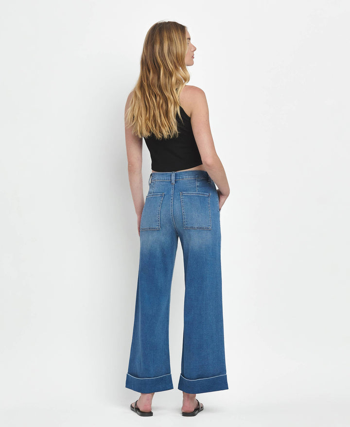 VERVET by FLYING MONKEY - HIGH RISE DOUBLE CUFFED BAGGY WIDE JEANS V3589