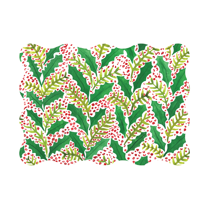 Jolly Holly Scalloped Rectangle Paper Placemats | Set of 24