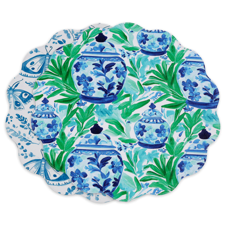 VIDA Ginger Jar & Butterflies Reversible Round Placemats Set of 4 (Blue & Green)