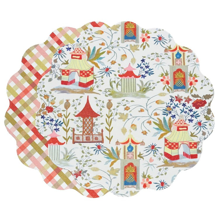 VIDA Pagoda and Carlie Plaid Reversible 15.5" Round Placemats Set of 4 (Red & Orange)