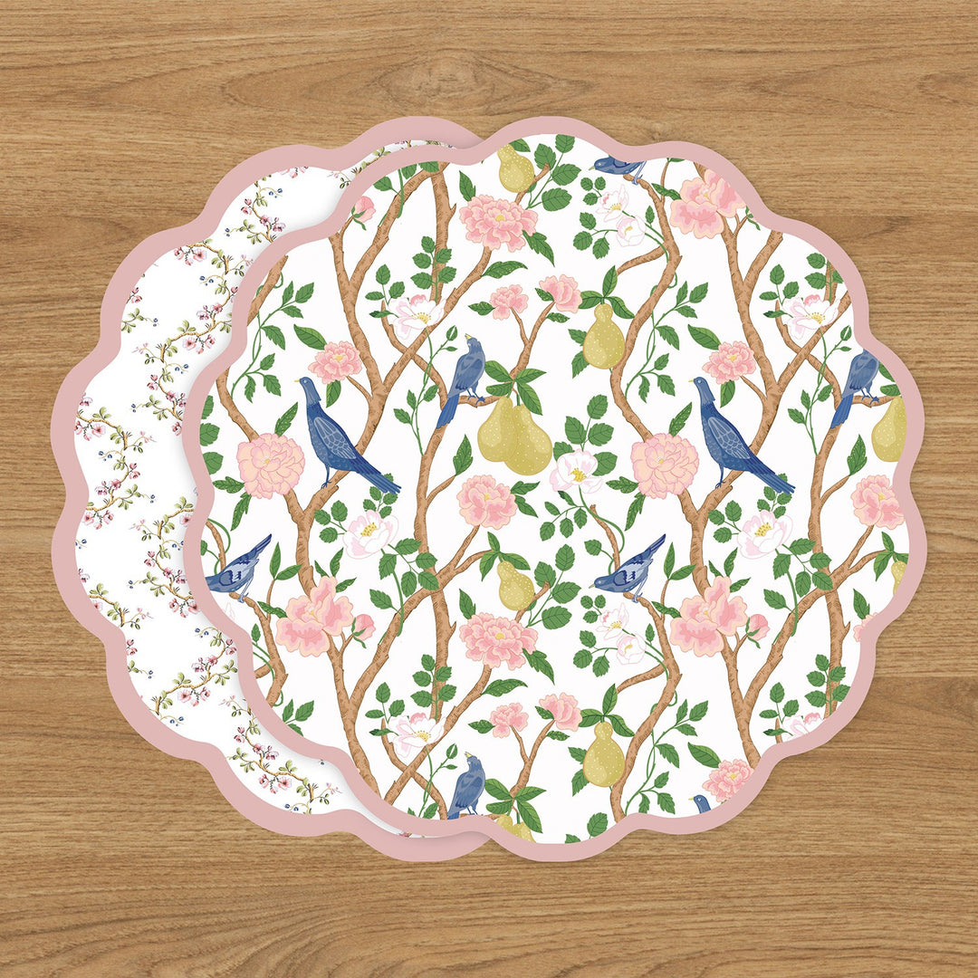 VIDA Birds, Pears and Vines Reversible Placemats Set of 4 (Pink &amp; Green)
