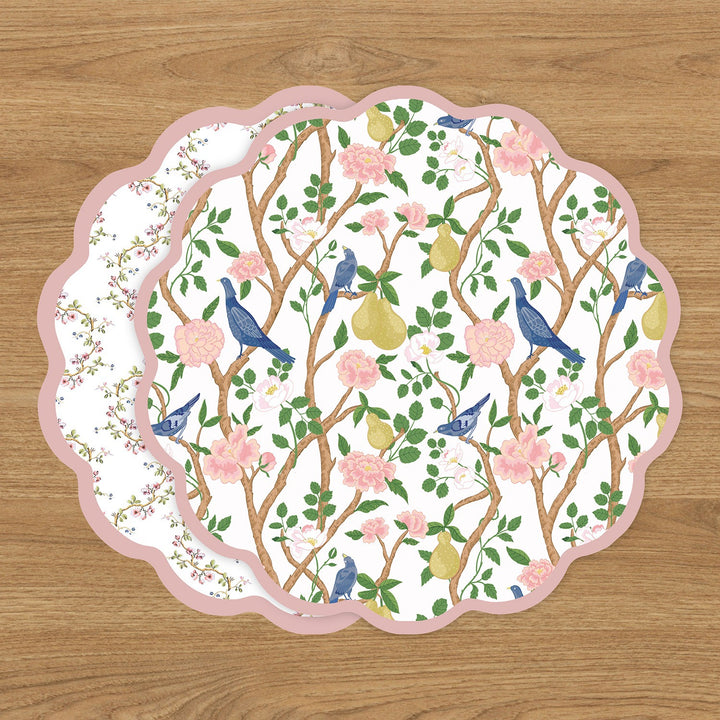 VIDA Birds, Pears and Vines Reversible Placemats Set of 4 (Pink &amp; Green)