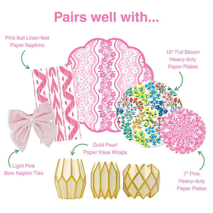 Pink Floral Scalloped Round Paper Placemats | Set of 24