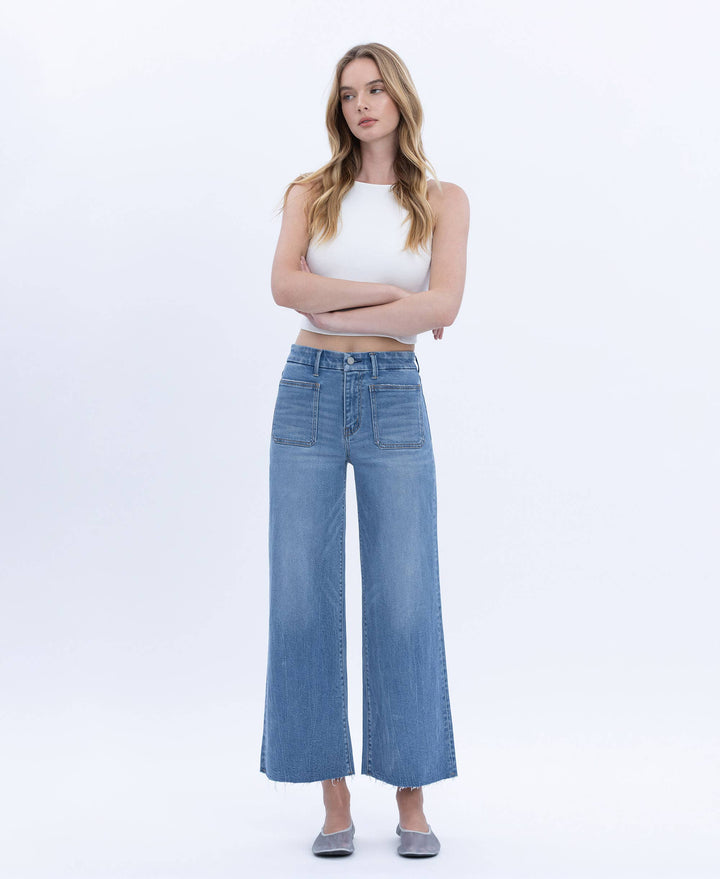 VERVET by FLYING MONKEY - HIGH RISE COMFORT WAISTBAND CROP WIDE JEANS T6947