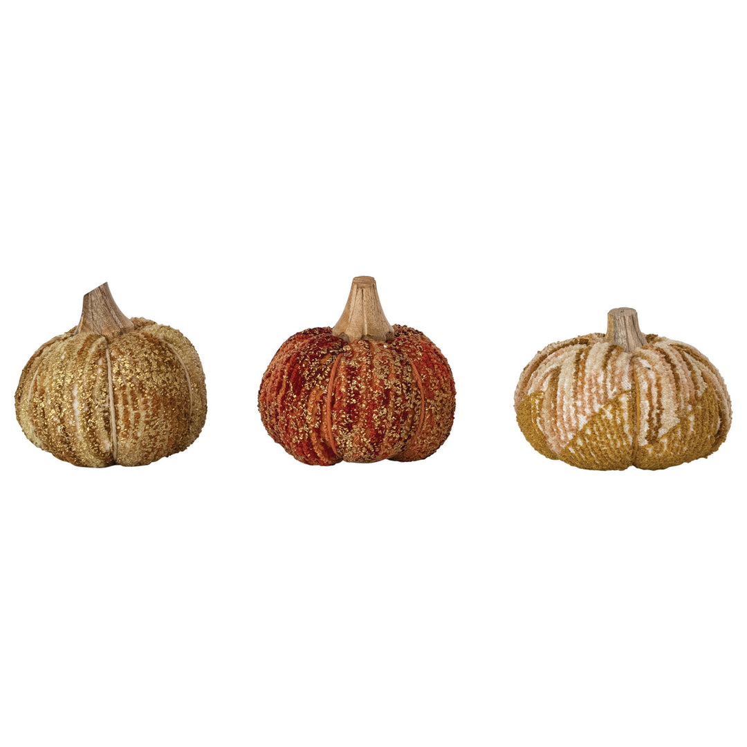 Handmade Cotton, Fabric Chenille &amp; Mango Wood Pumpkin, 3 Styles