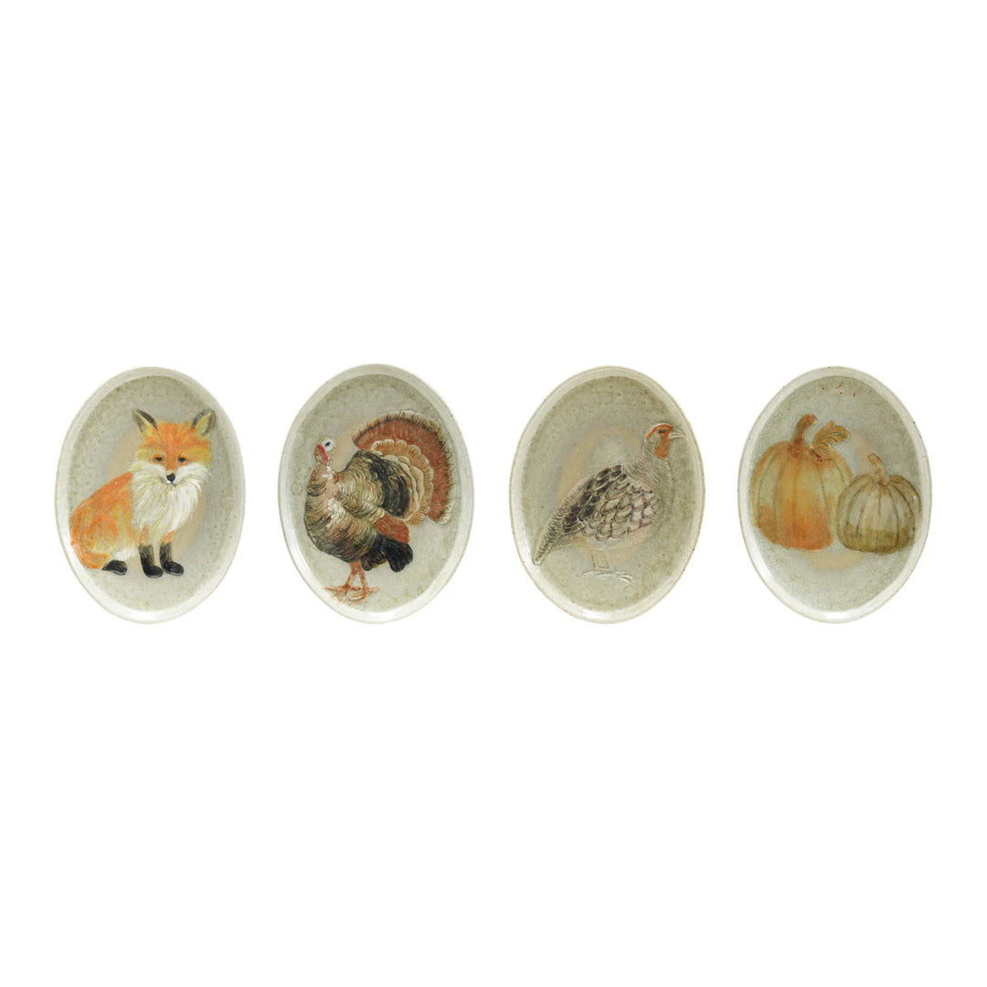 Hand-Painted Stoneware Platter with Animal/Pumpkins, 4 Styles (Each One Will Vary)
