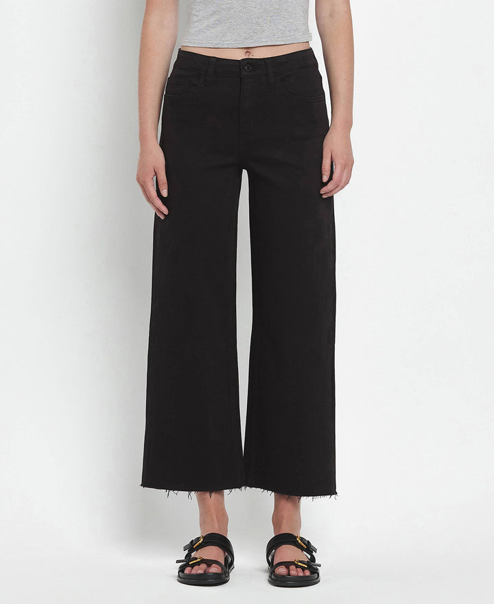 VERVET by FLYING MONKEY - HIGH RISE BLACK CROP WIDE LEG JEANS T5894BK