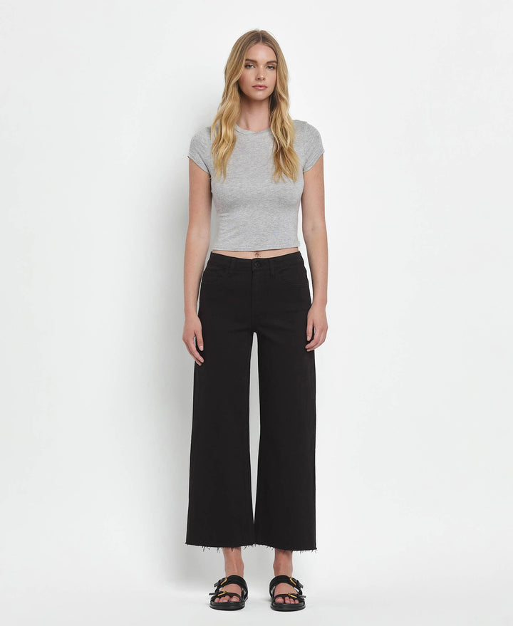 VERVET by FLYING MONKEY - HIGH RISE BLACK CROP WIDE LEG JEANS T5894BK