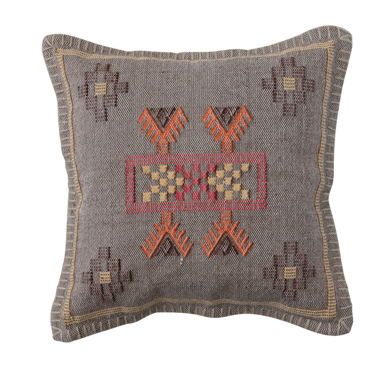 Hand-Woven Cotton Pillow with Embroidery