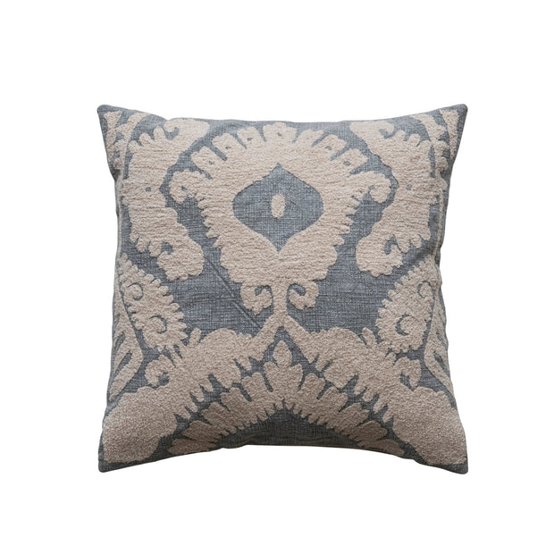 Square Cotton Tufted Pillow with Damask Pattern