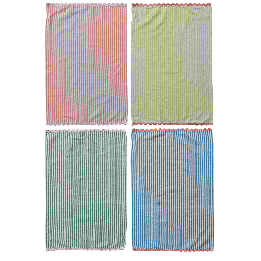 Woven Cotton Striped Tea Towel with Ric Rac Trim, 4 Colors