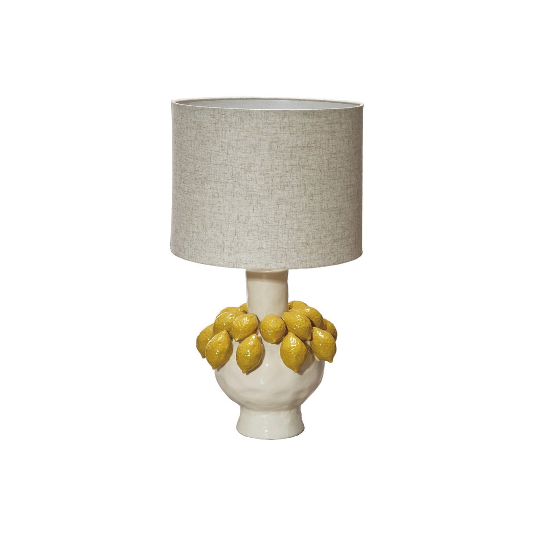 Handmade Stoneware Table Lamp w/ 3D Lemons & Linen Shade, Yellow & Cream Color