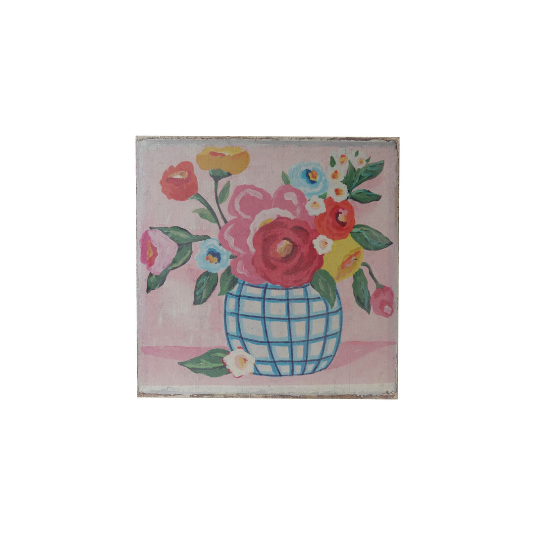 Canvas Wall Décor w/ Flowers in Grid Vase, Distressed Finish ©